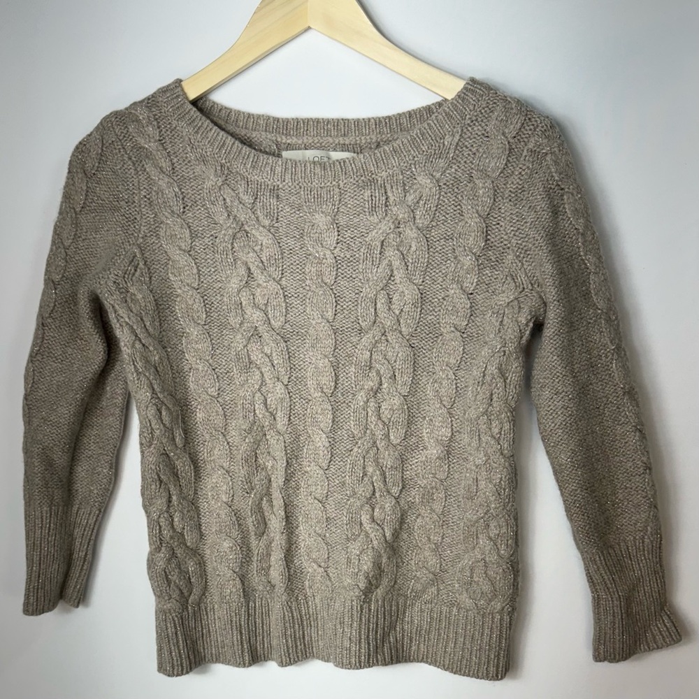 LOFT Cream Brown/Khaki Cropped Cable Knit Long Sleeve Sweater Small Pullover